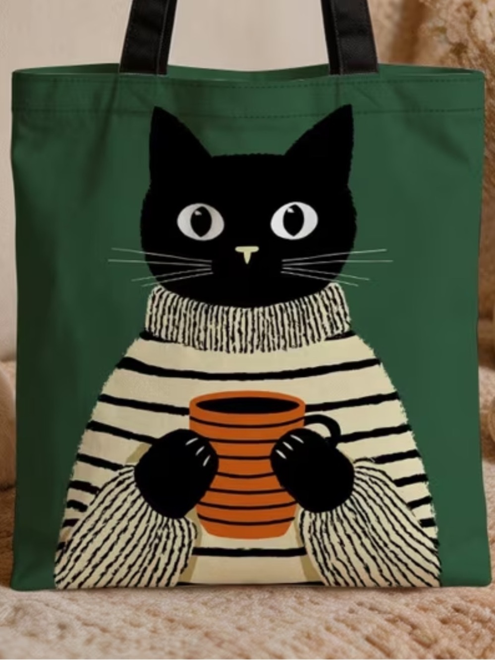 Cute Black Cat Coffee Tote Bag | Canvas Shopper | Green | 15.5” x 13” - Picture 3 of 3